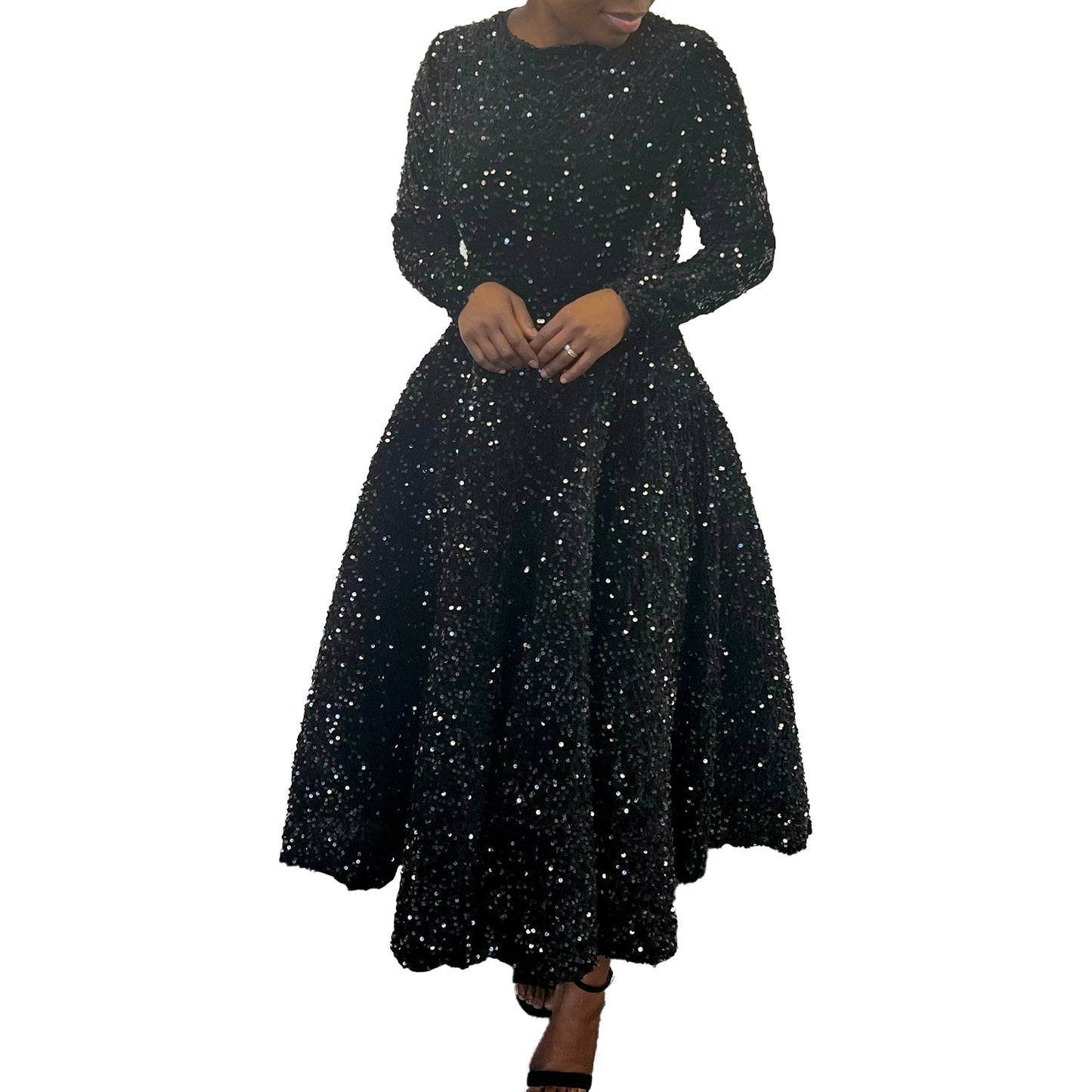 Fashion women's wear D469 Cross-Border New Arrival Women's round Neck Long Sleeve Pure Color Sequins High Waist Temperament Mid-Length Formal Dress European and American Style Dress