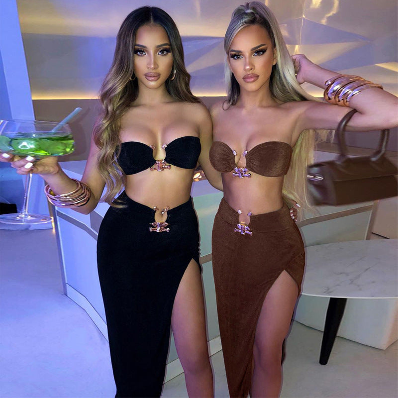 Fashion women's wear  Women's Clothing New Tube Top Open Navel Backless Top Sexy Slit Sheath Skirt Two-Piece Set