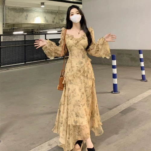 Fashion women's wear French Style Beautiful Yellow Floral Dress Spring plus Size Plump Girls Slimming Fairy Long Dress Style Skirt