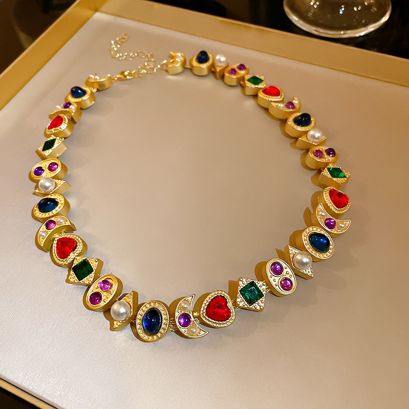 中古镶钻珍珠爱心几何项链复古时尚宫廷风锁骨链小众百搭饰品批发