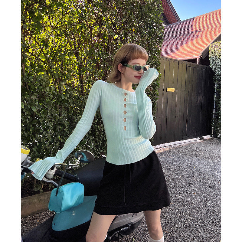 Dopamine tops Free shipping Tattoo UNITYMODE Dopamine Hollow Design Sense Wool Bottom Shirt Thirteen Lines Early Spring Black Slim Sweater Women