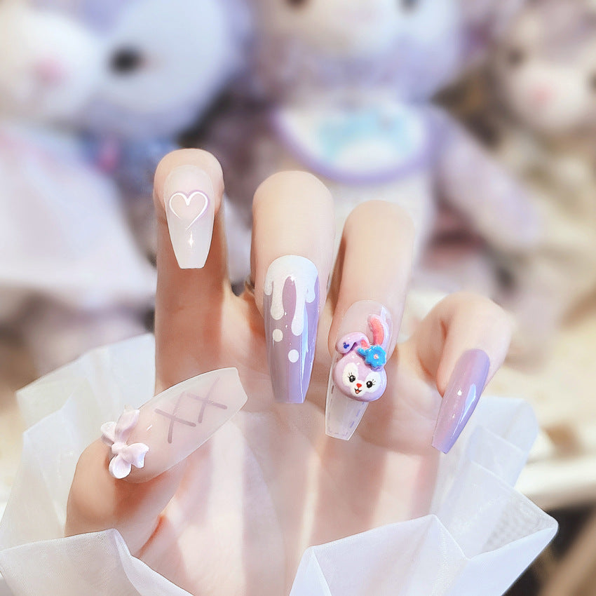 Fashion  nail New Purple Rabbit Cute Long Finished Nail Beauty Wearable Fake Nails Removable Nail Tip Wearable Armor X71