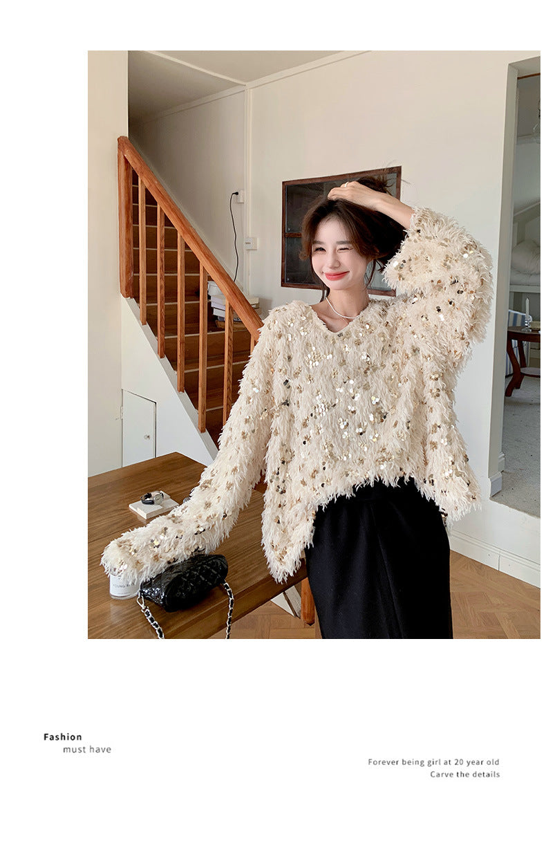 Fashion women's wear Real Shot Shiny Annual Meeting Festival Atmosphere Handmade Sequined Feather V-neck Sweater Spring Inner Wear Sweet Dress