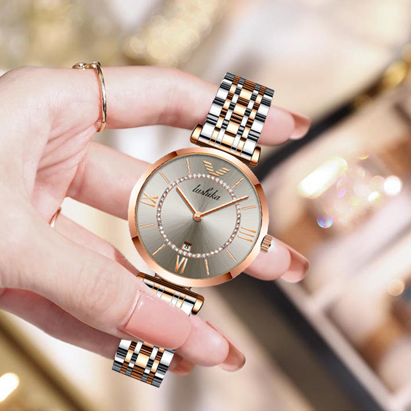 Fashion women's watchNew Watch Women's Light Luxury Minority Fashionable Temperament Ladies Authentic Versatile Student Refined Steel Belt Waterproof Quartz Women's Watch