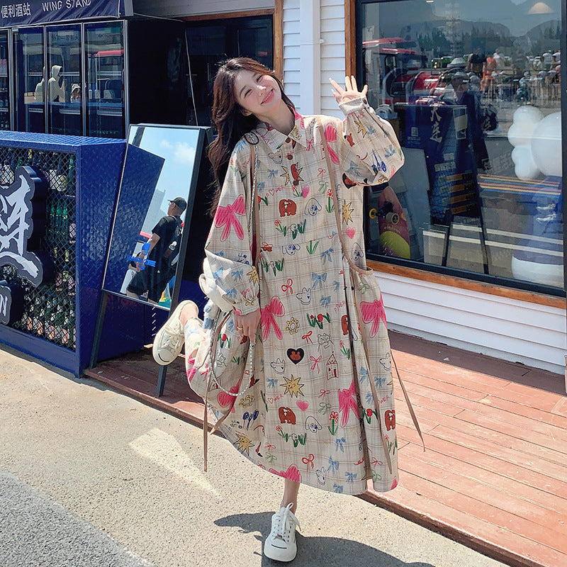 Dopamine dress Free shipping Tattoo Design sense niche printing graffiti dopamine printing polo collar long dress spring and autumn new Korean version loose dress