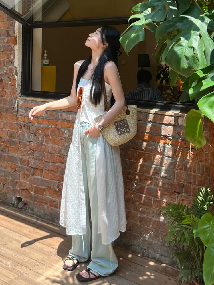 Fashion women's wear New American Style Bandage Dress Atmosphere Girls' Summer 2024 Mid-Length White High-End Beach Vest Dress