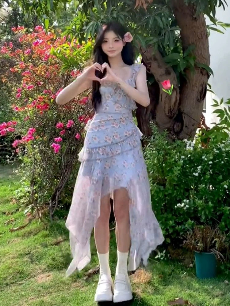 Fashion women's wear French Style Irregular Design Floral Strap Dress Women's 2024 Summer New Sweet Small Long Skirt