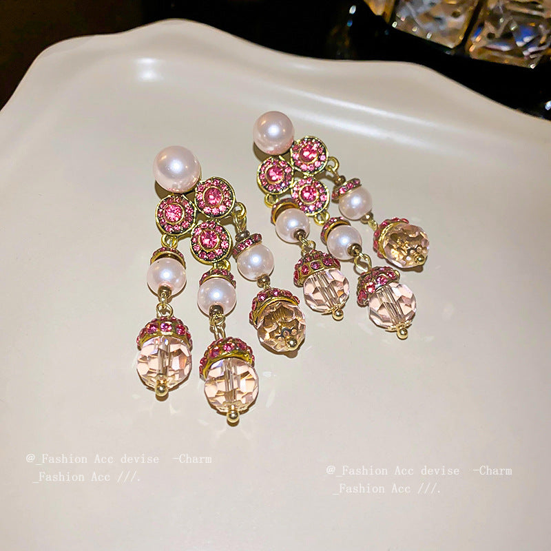 银针中古镶钻几何珍珠流苏耳环复古轻奢宫廷风耳钉高级感耳饰批发