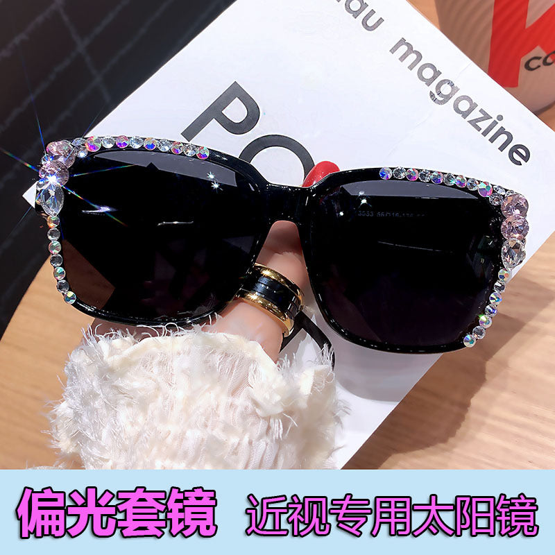 Women's fashion glasses GM套镜近视太阳眼镜女款潮偏光防紫外线钻墨镜超轻戴眼镜上开车