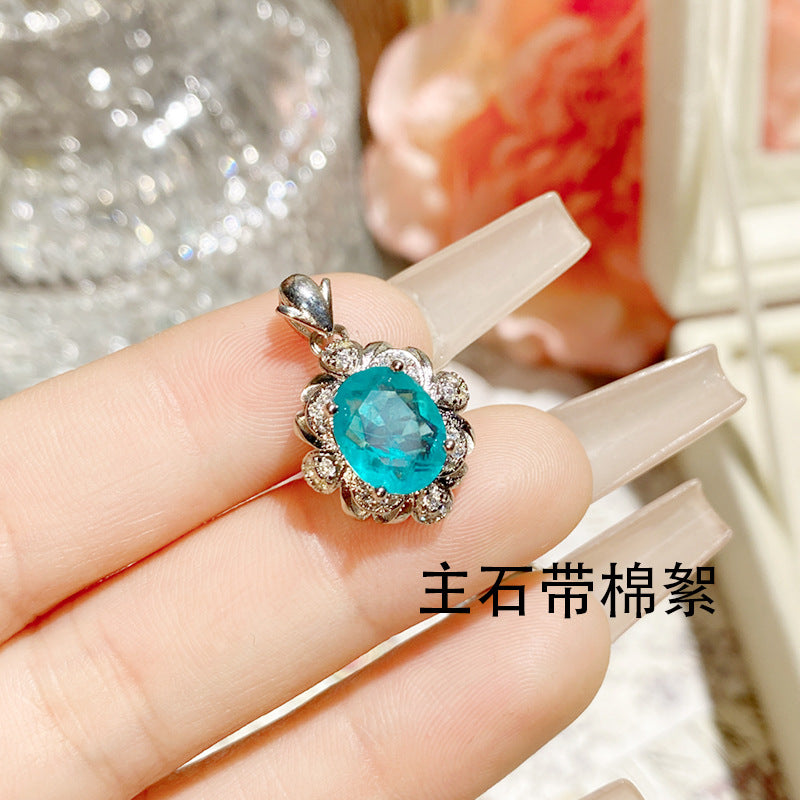 珠宝首饰山茶托帕人造海蓝宝吊坠女 镀18K金多切面锆鸽蛋璀璨闪耀复古项链