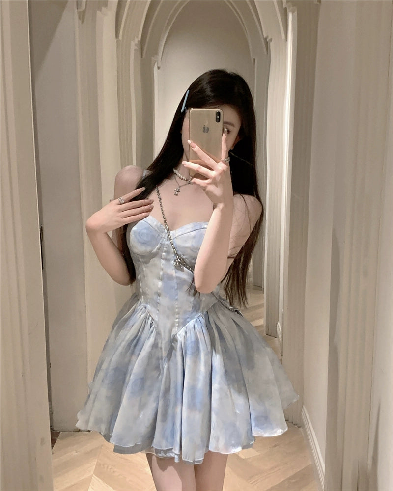 Fashion women's wear Tea Break French Style Fishbone Sling Dress Fairy Birthday Dinner Suit Disney Princess on the Run Bubble Skirt