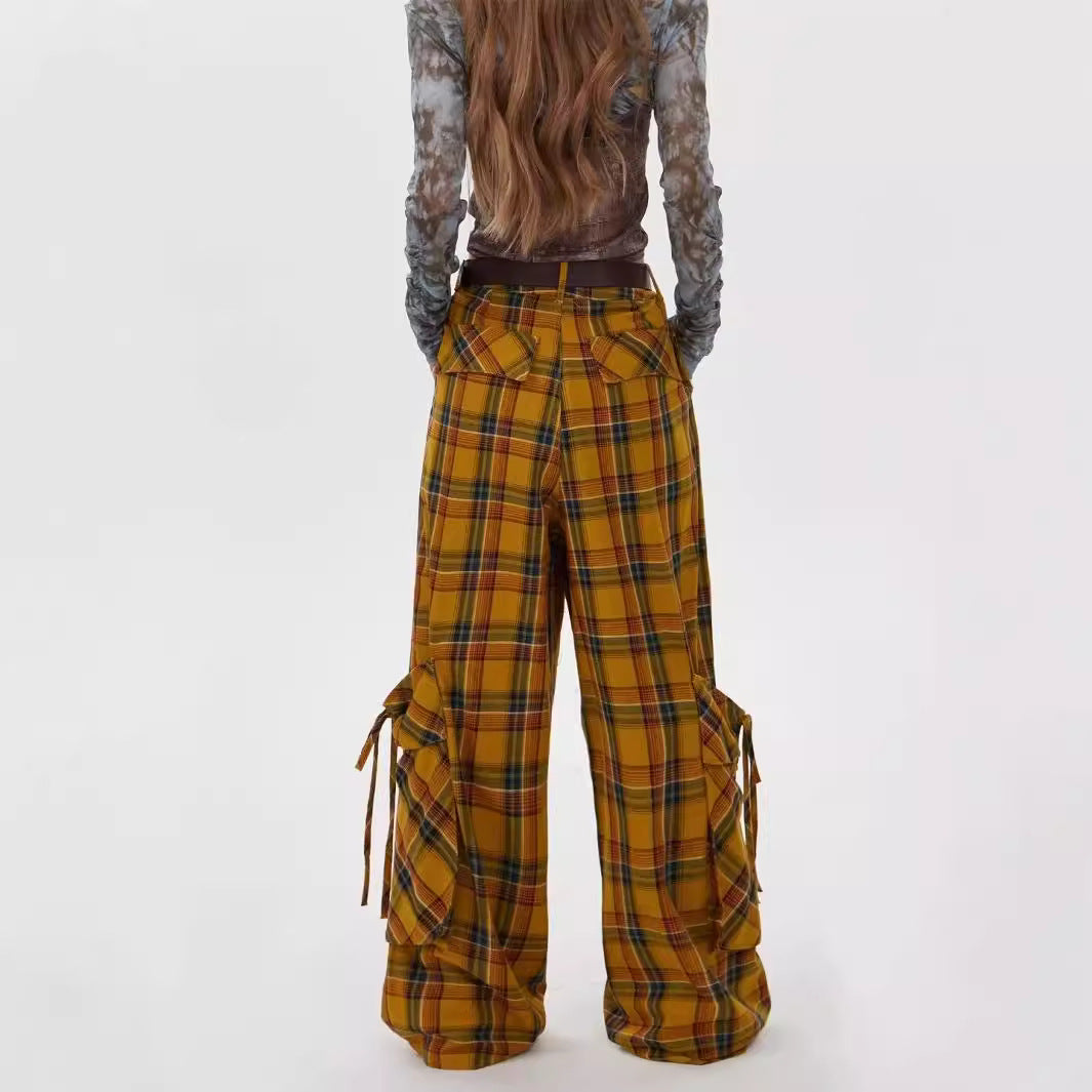 Free shipping retro dopamine plaid yellow pants women's loose bf lazy style thin pear figure casual trousers pants