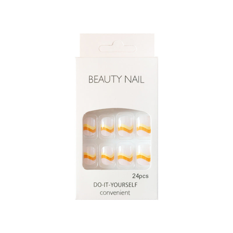 橘黄线条穿戴甲ins指甲贴片批发美甲贴片短甲假指甲外贸nails