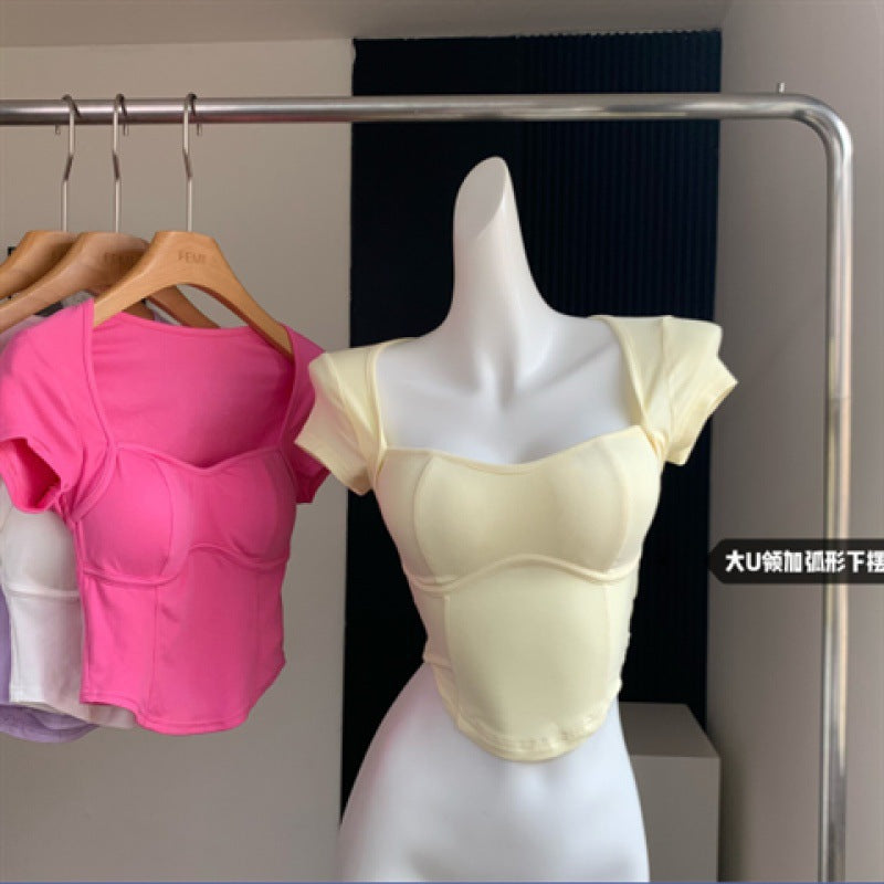 Dopamine tops Free shipping Tattoo Dopamine top 2023 comes with bra big U-neck short-sleeved T-shirt for women's summer slim and thin, fast AliExpress cross-generation hair