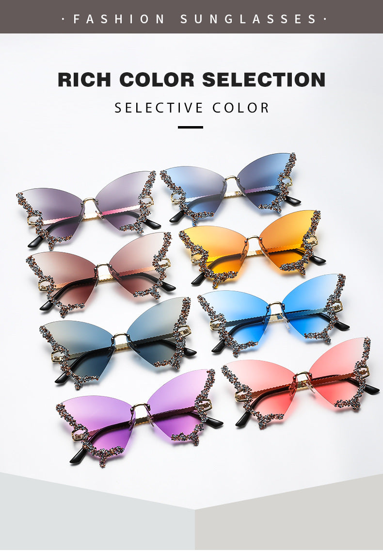 Women's fashion glasses 跨境2024新款蝴蝶形状镶钻无框太阳镜女时尚个性夸张墨镜欧美网红