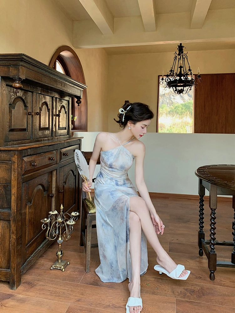 Fashion women's wear Chiffon Niche Sleeveless Split Halter Spaghetti Straps Dress Retro Hong Kong Style Tight Waist Seaside Vacation Dress Beach Dress