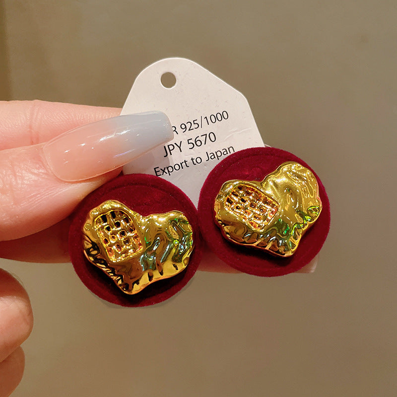 新年红色蝴蝶结珍珠植绒耳钉女轻奢爆款银针耳环秋冬气质耳饰批发
