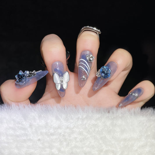 (reusable nail)Water Fairy Butterfly Water Diamond Temperament Clear and Cold, Advanced Handmade Wearing Nail, New Detachable Nail Artificial Nail