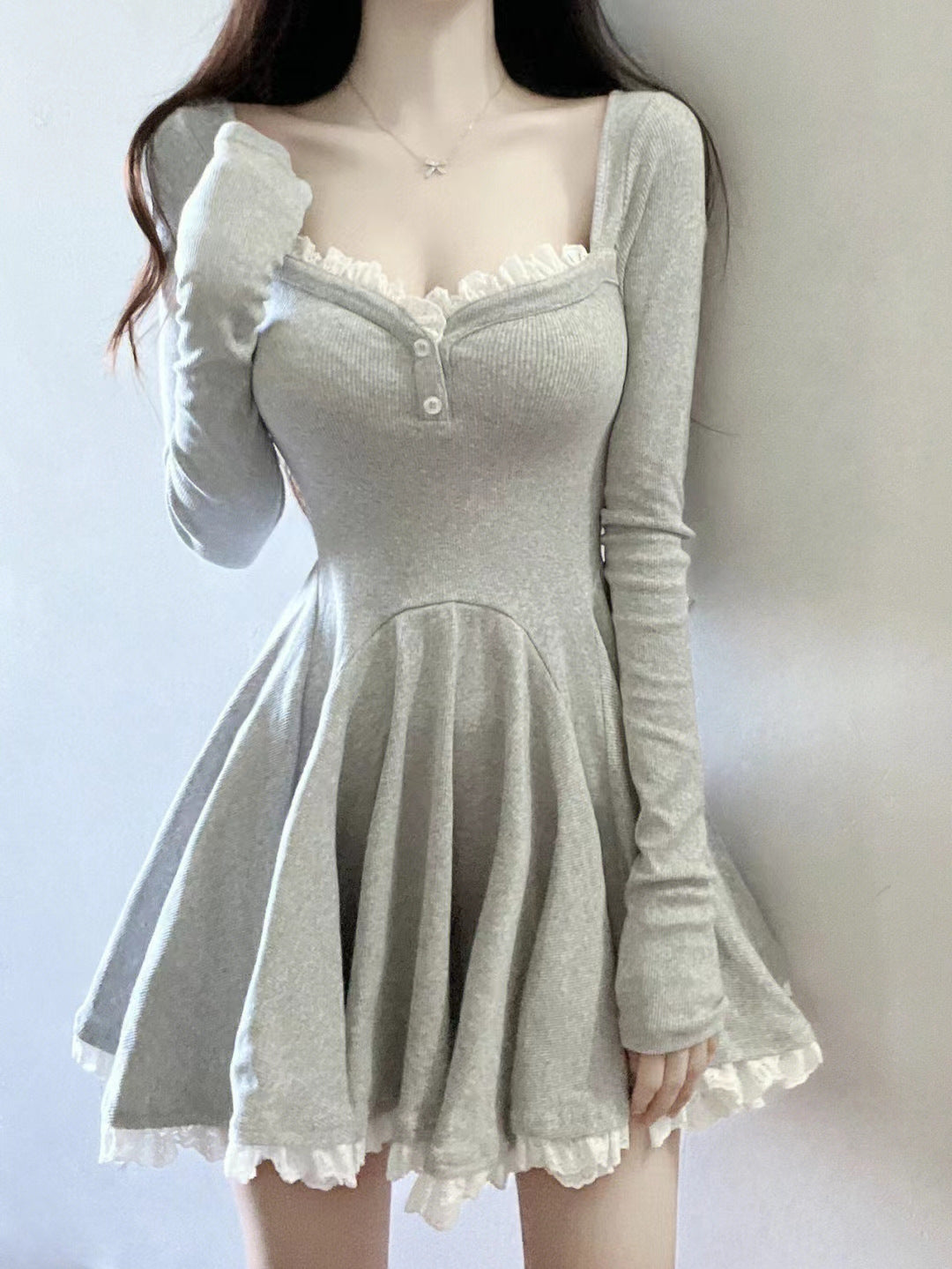 Fashion women's wear Gray Hot Girl Long Sleeve Dress Women's Clothing Autumn Sweet Lace Small Temperament Waist-Controlled A- line Skirt