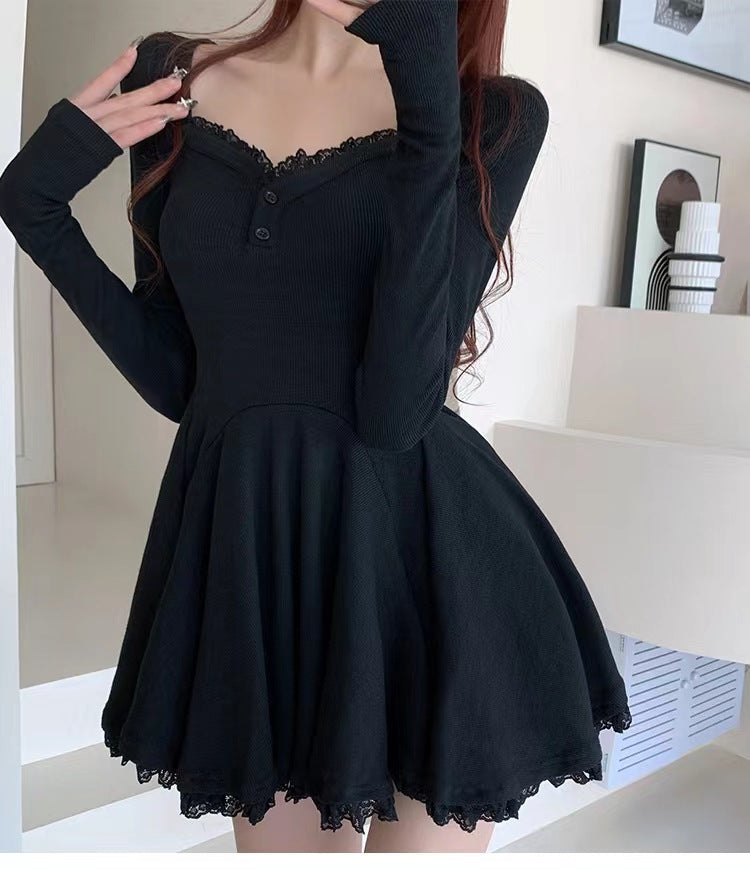 Fashion women's wear Gray Hot Girl Long Sleeve Dress Women's Clothing Autumn Sweet Lace Small Temperament Waist-Controlled A- line Skirt
