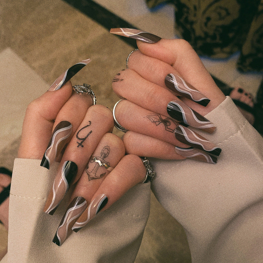 Fashion  nail Wearable Fake Nails Pattern Wave Manicure European and American Nail Nail Sticker Finished Detachable Nail Tip Patch Ballet Nail W7