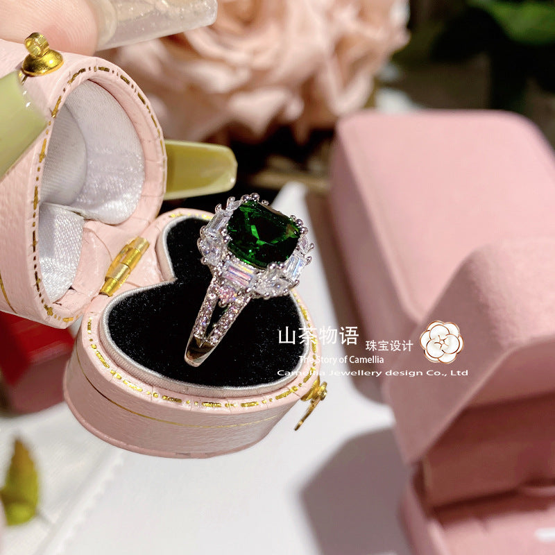 山茶奢华高端仿天然绿碧玺彩色宝石开口戒指 华丽气质方形锆戒指