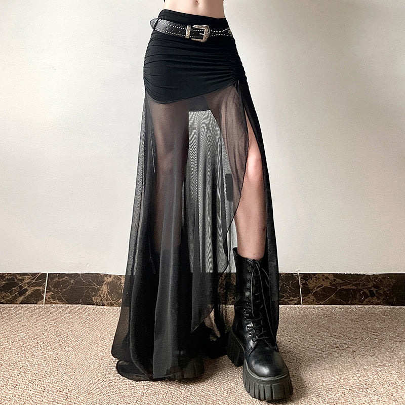 Free shipping  summer new women's clothing solid color slim-fit street fashion high-waisted gauze split skirt dress