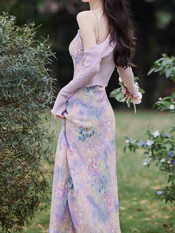Dopamine dress Free shipping Tattoo S summer dopamine a whole set of gentle purple suit French sweet suspender dress floral long dress