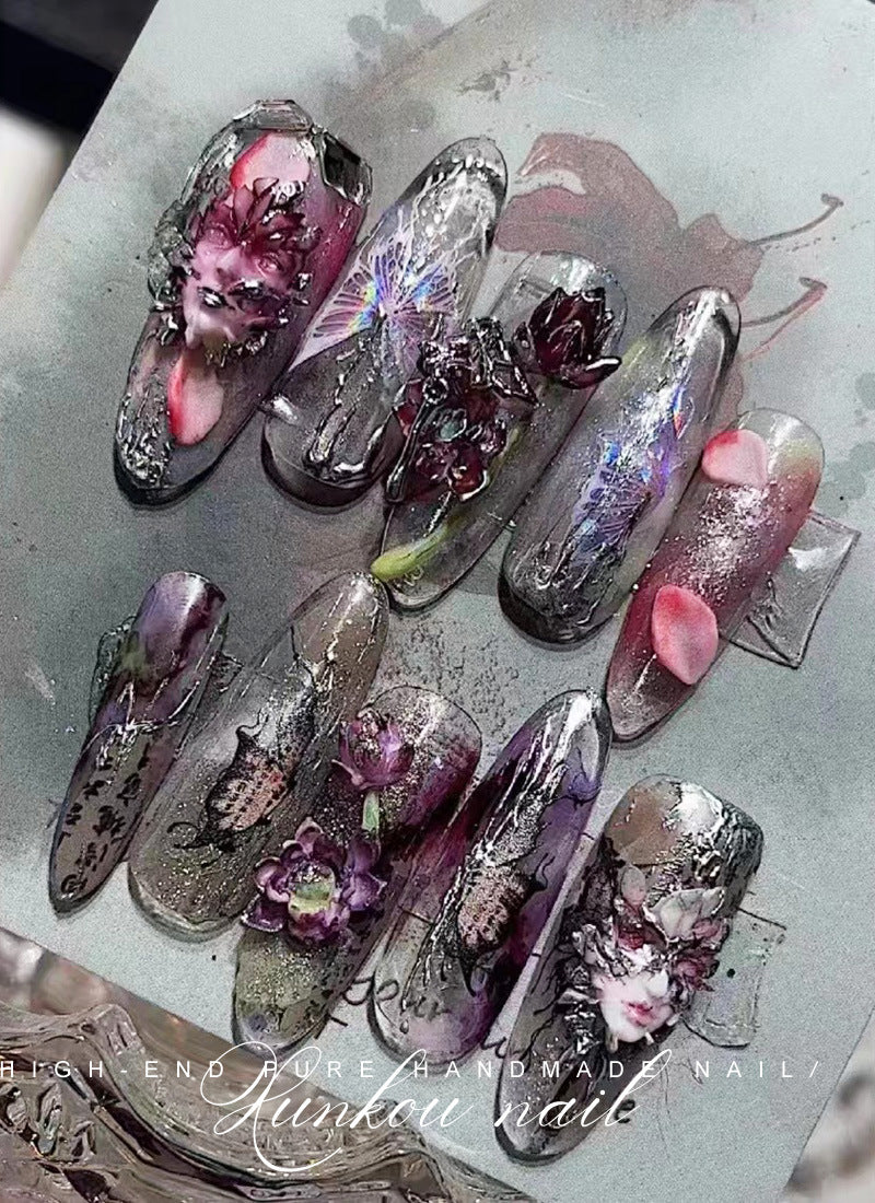 (Hand-Made Nail) Hand-Painted Nail Manicure Heavy Industry Hand-Painted Ice Transparent Blooming Red and Black Face Purple Flower Butterfly Disassembly