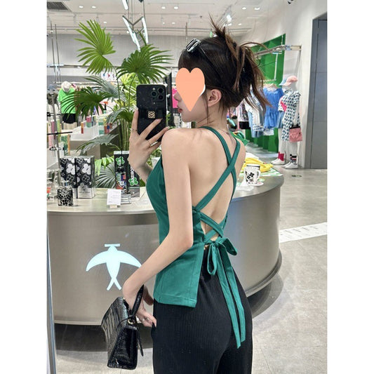 Dopamine tops Free shipping Tattoo Summer Sexy Hollow Back Straps Suspender Vest Women's Chest Pad Dopamine Wear Top Thin