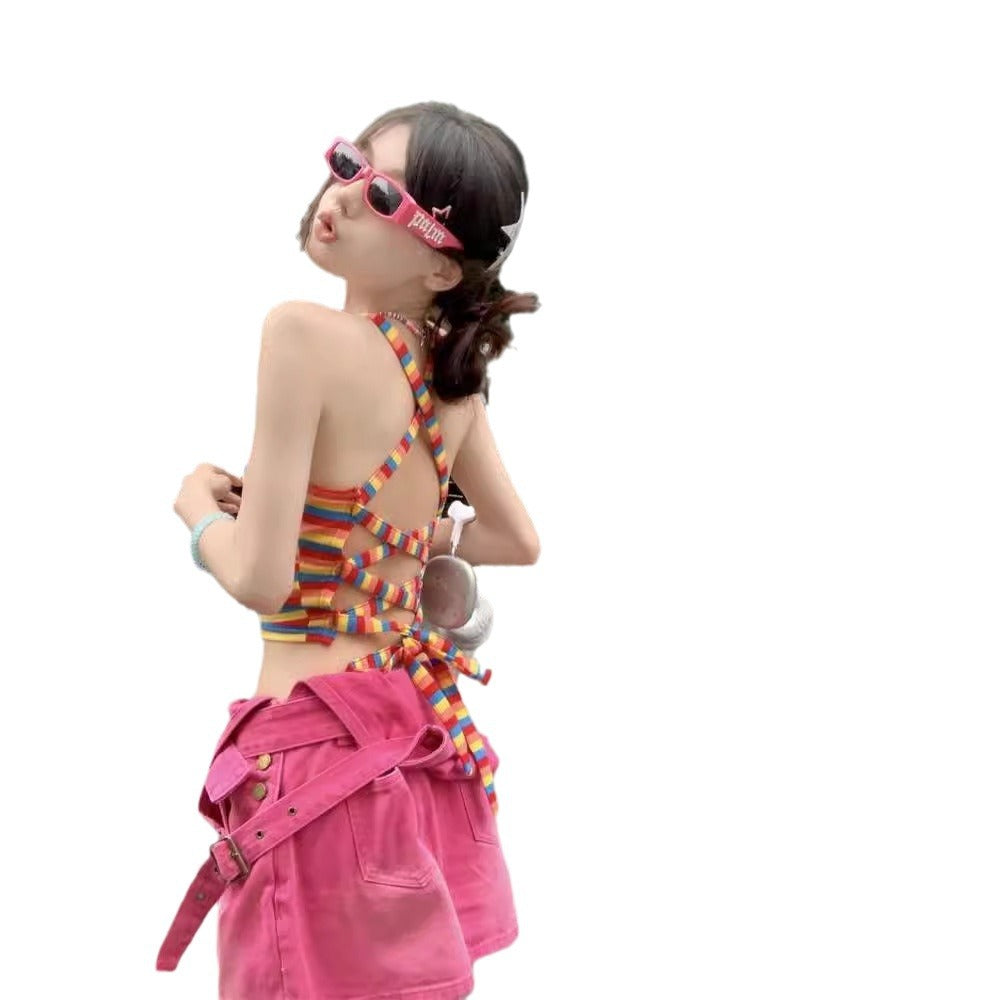 Dopamine tops Free shipping Tattoo Dopamine Sweet Babes Cross Strap Girls French Niche Suspender Vest Outside Sleeveless Striped Design Top