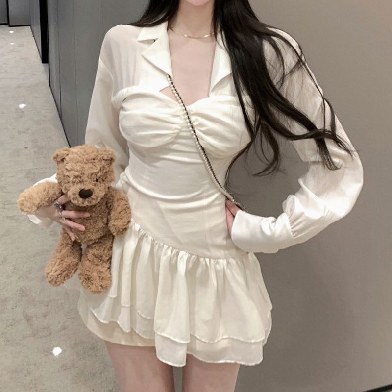 Fashion women's wear Sweet Hot Girl Long-Sleeved Shirt Dress Women's Spring and Autumn Pure White Square Collar Pleated Waist Tight Slimming Puff Short Skirt