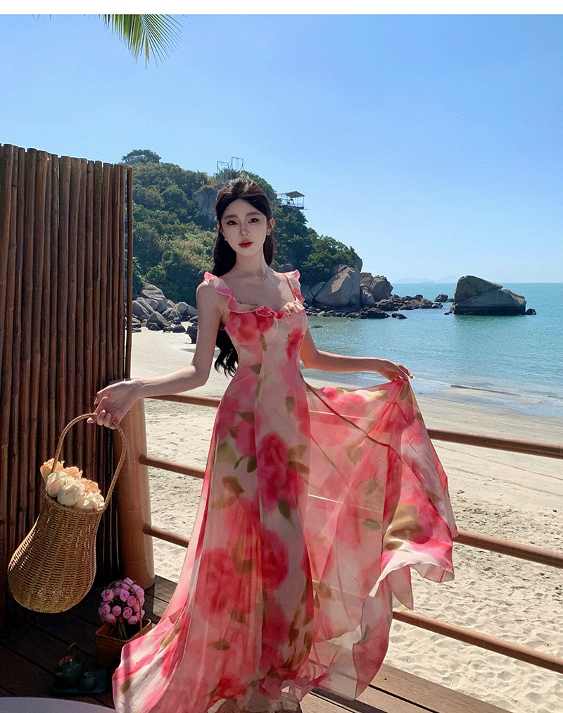 Fashion women's wear Tea Break French Chiffon Sling Dress Fairy Summer Sanya Seaside Vacation Beach Swing Long Dress Elegant