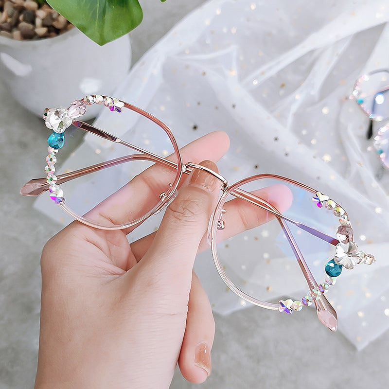 Women's fashion glasses新款镶钻防蓝光辐射近视眼镜框女韩版潮平光镜电脑保护眼睛