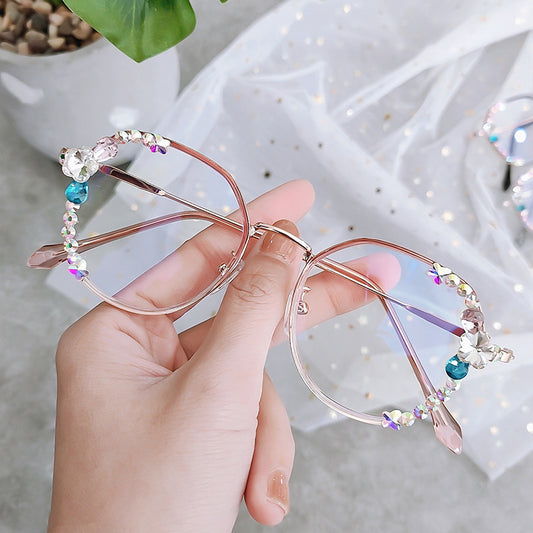 Women's fashion glasses新款镶钻防蓝光辐射近视眼镜框女韩版潮平光镜电脑保护眼睛
