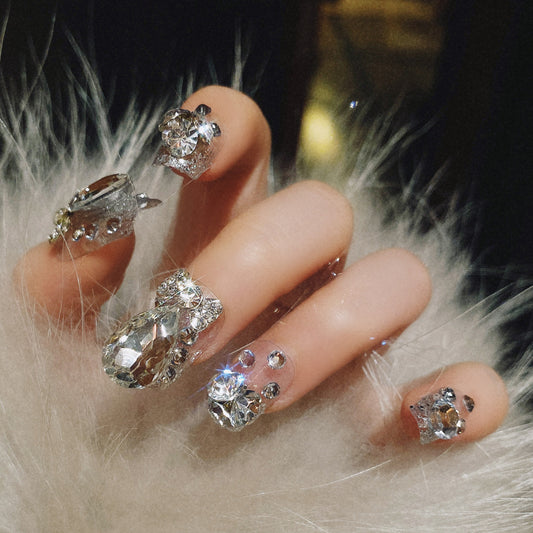 Fashion  nail Shining Finished Manicure 24 Pieces Bride Fake Nails Wholesale Wear Nail Gem Bride Nail Stickers U37