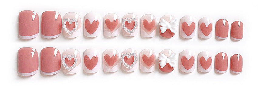 Fashion  nail Pearl Heart Bow Fake Nail Patch Finished Nail Beauty Wearable Nail Stickers X50