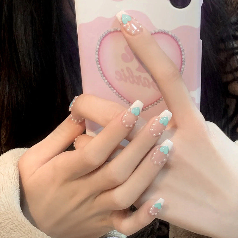 Fashion  nail Wear Nail Nail Stickers Nail Patch Fake Nails Detachable Pearl Peach Heart Nail Tip Nail Sticker X5