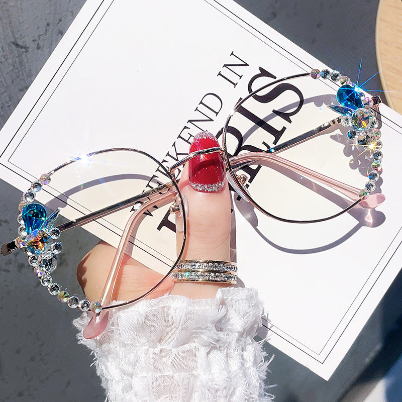 Women's fashion glasses 跨境水钻防蓝光眼镜女抗疲劳眼睛素颜显瘦护目镶钻平光镜无度数