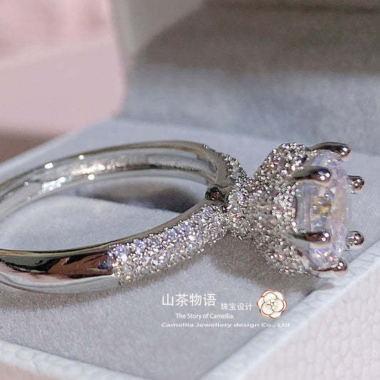 Camellia出逃公主厚镀铂金猫爪婚戒 微镶仿真钻璀璨3.0Ct满钻指环