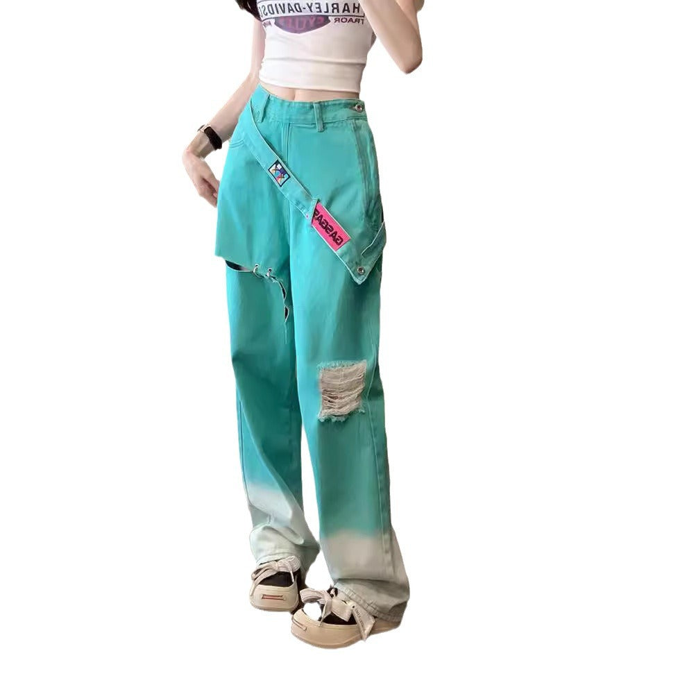 Free shipping  Gradually change color ripped dopamine wear jeans women small summer French straight high waist thin wide leg pants