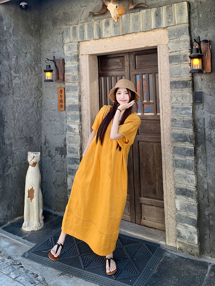 Dopamine dress Free shipping Tattoo Dopamine Lantern Sleeve Dress Women's Autumn New Loose V-Neck Lace-Up Lazy Style Chic Over Knee Long Skirt