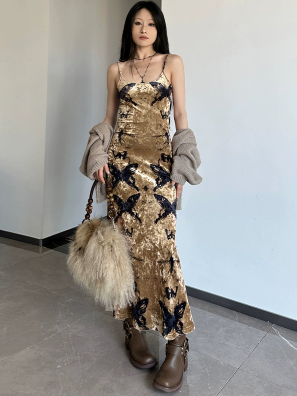 Fashion women's wear Wilderness Butterfly Printing Slip Dress 2024 Autumn New Hot Girl Sexy Slim Fit Slimming Sheath Dress