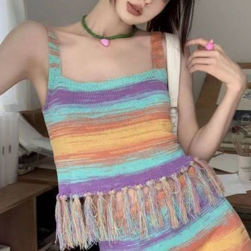 Dopamine dress Free shipping Tattoo Dopamine Sweet Girl Suit Girl Wear Summer Skirt A Complete Set of Fringed Sweet Wind Knitted Suspender Long Dress