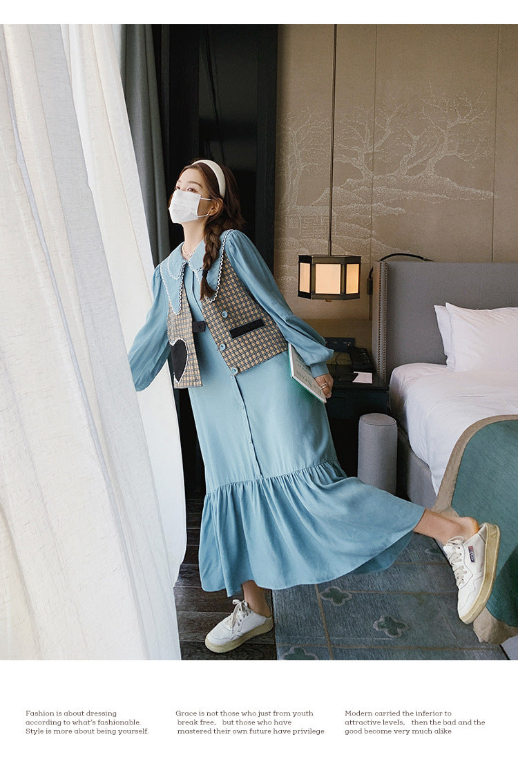 Fashion women's wear Real Shot Tea Series Ladies Long Sleeves Dress Women's Spring and Autumn French Style Gentle Cut Women's Wear Love Vest Suit Skirt