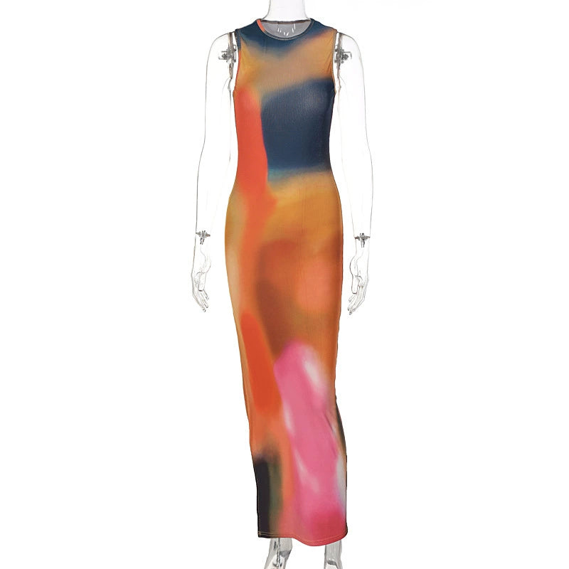 Fashion women's wear European and American Ins Star Tie-Dye Design Sleeveless Dress Summer New Hot Girl Sheath Split Dress Fashion