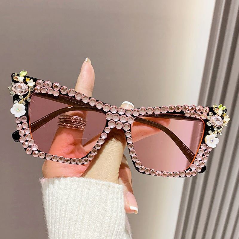 Women's fashion glasses 跨境新款镶钻太阳眼镜酷炫连体金属边朋克墨镜男欧美个性女搞怪