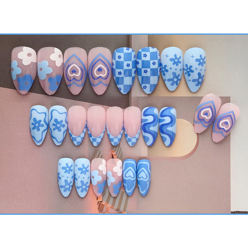 天蓝爱心穿戴甲不规则nails 诺顾美甲片外贸假指甲杏仁甲美甲贴片