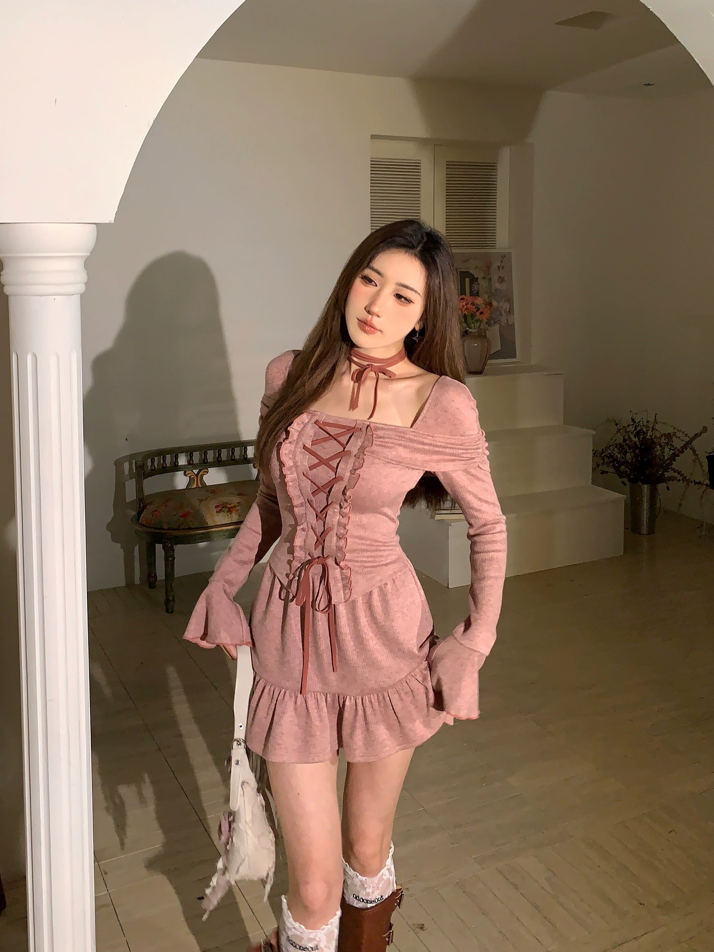 Fashion women's wear Dream Seven77 Fake Two-Piece Lace Long Sleeve Dress Women's Dress 2024 Spring New Design Sense