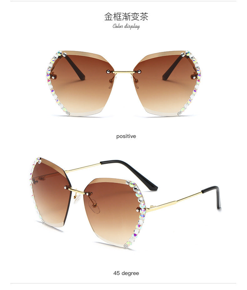 Women's fashion glasses 新款墨镜女韩版潮无框水晶切边太阳眼镜女士防紫外线镶钻太阳镜